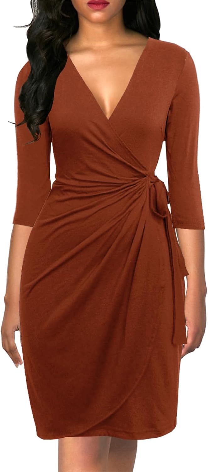Faux wrap midi dress with V-neck, 3/4 sleeves, and ruched sheath silhouette