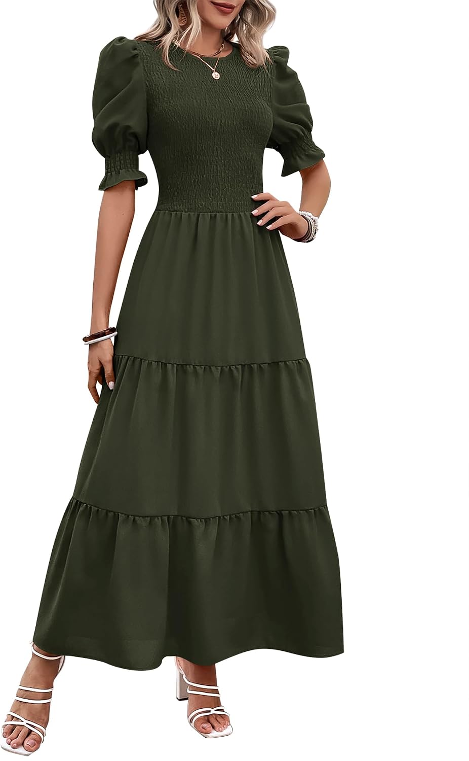 Smocked maxi dress with puff sleeves and tiered skirt