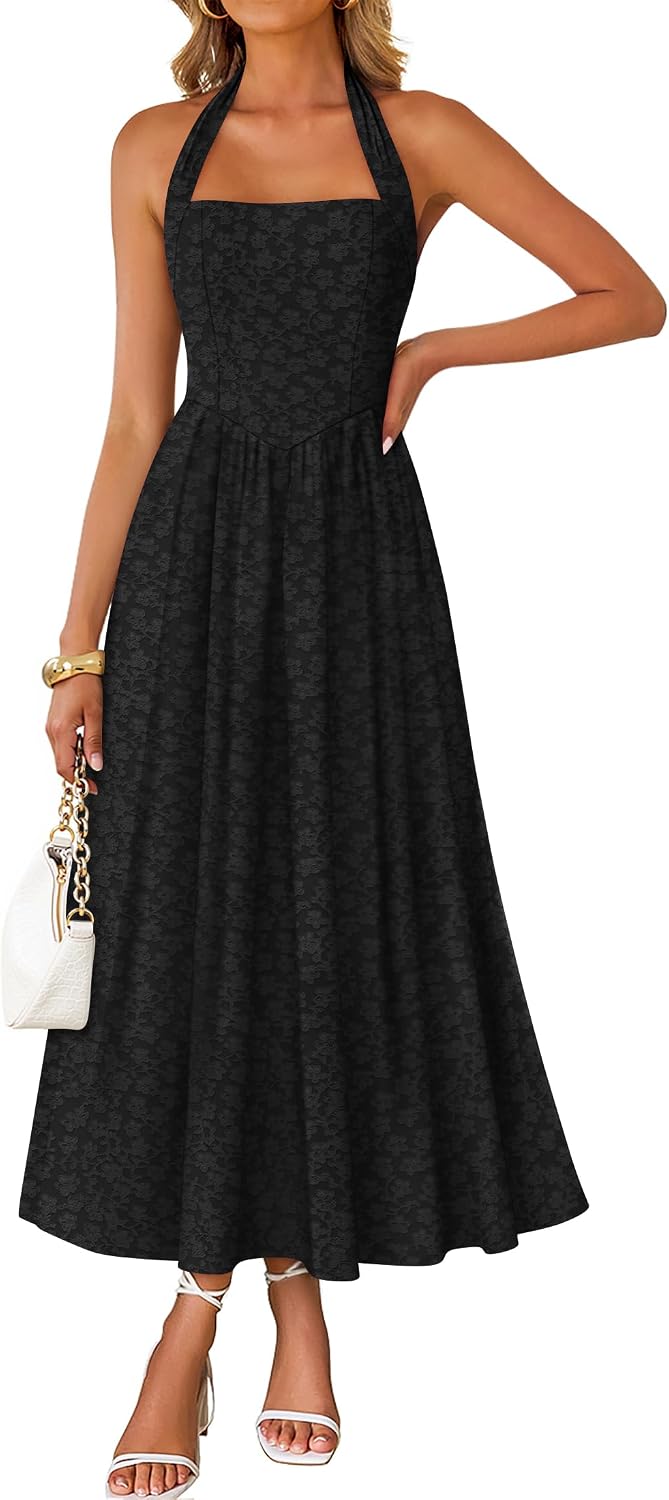 Floral halter maxi dress with flowy A-line skirt