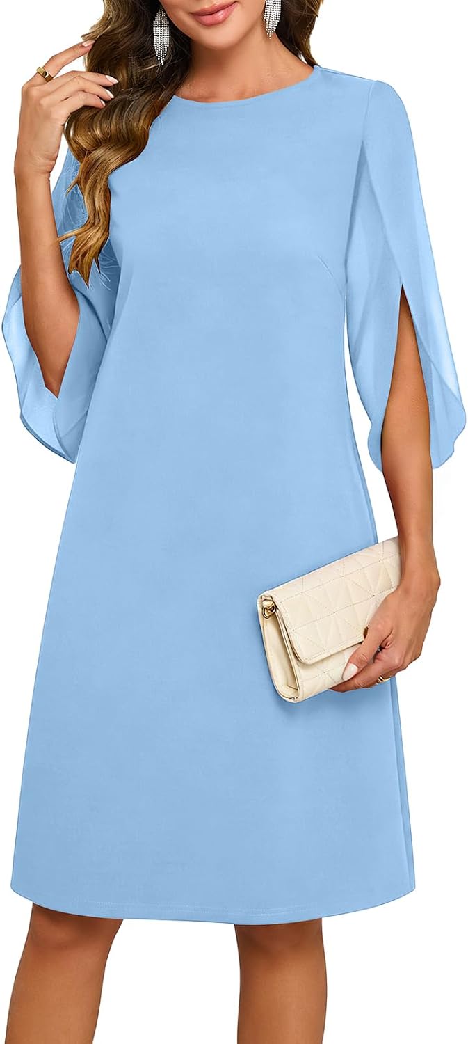 Chiffon midi dress with flutter sleeves and crew neckline