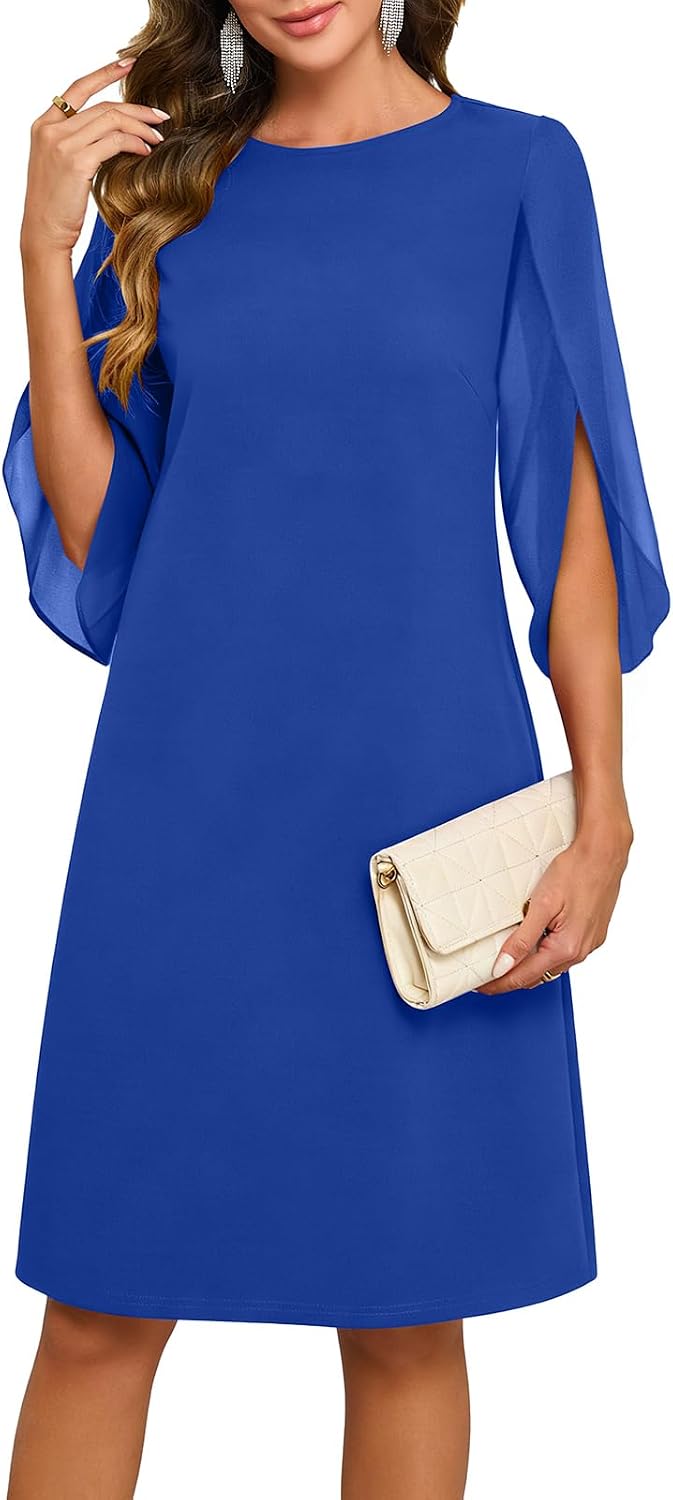 Chiffon midi dress with flutter sleeves and crew neckline