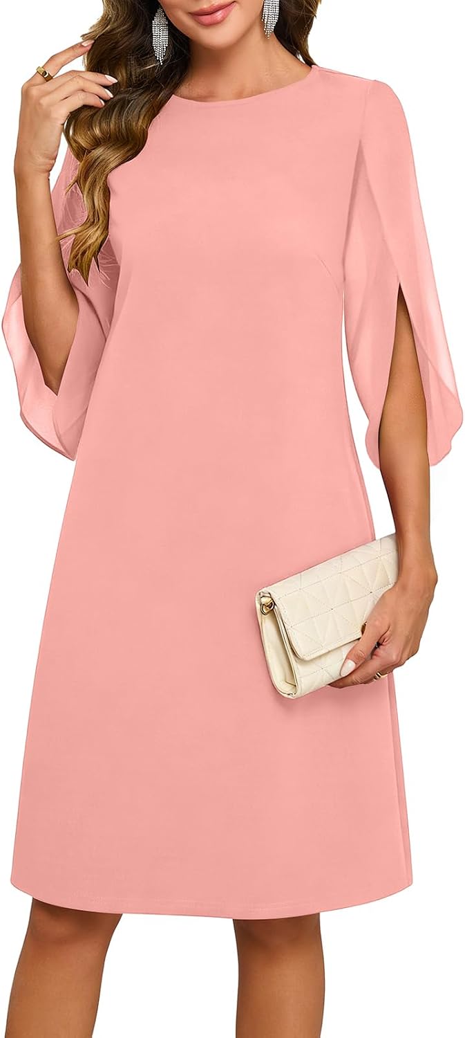 Chiffon midi dress with flutter sleeves and crew neckline