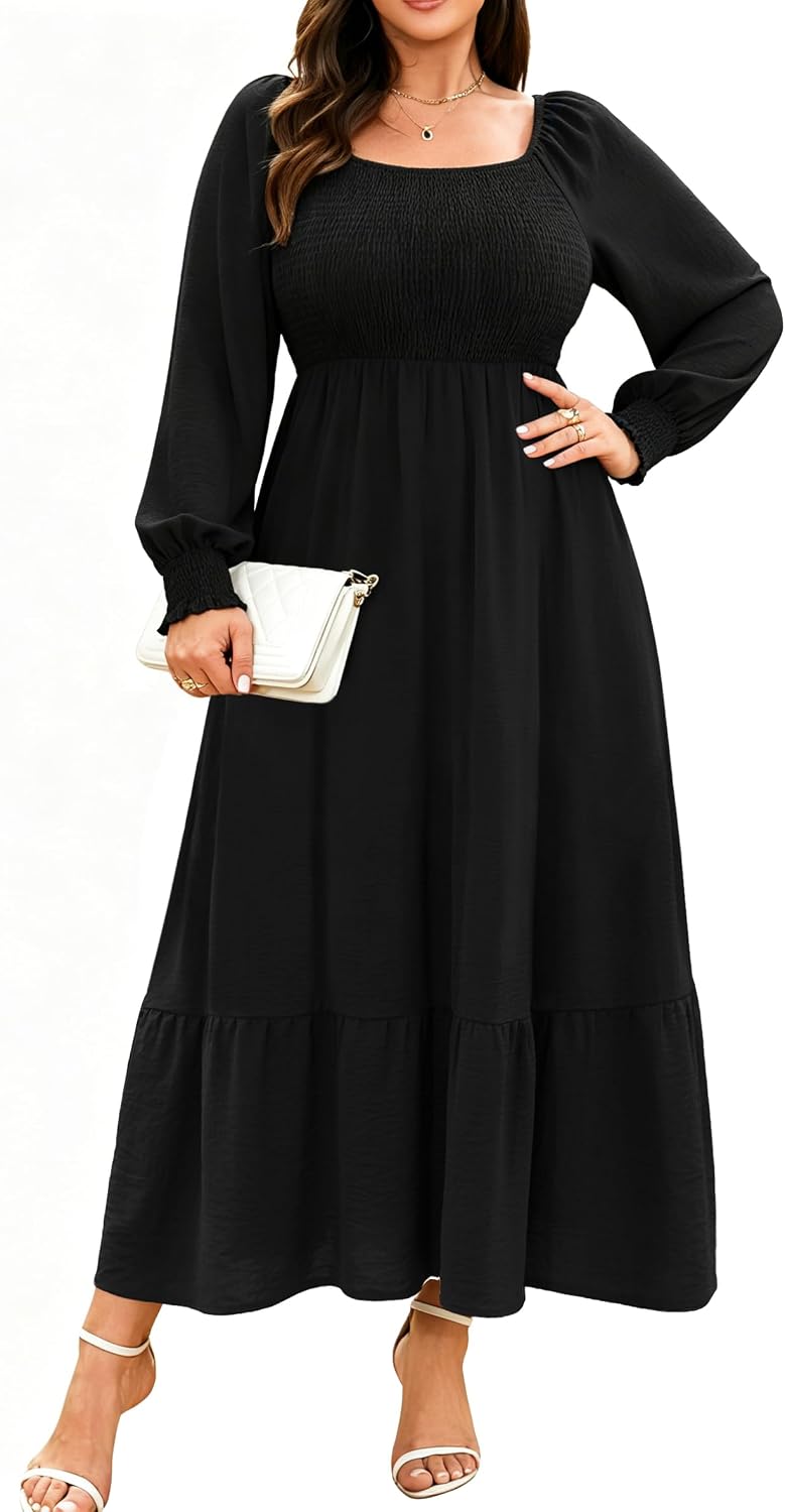 Plus size floral maxi dress with long sleeves and empire waist
