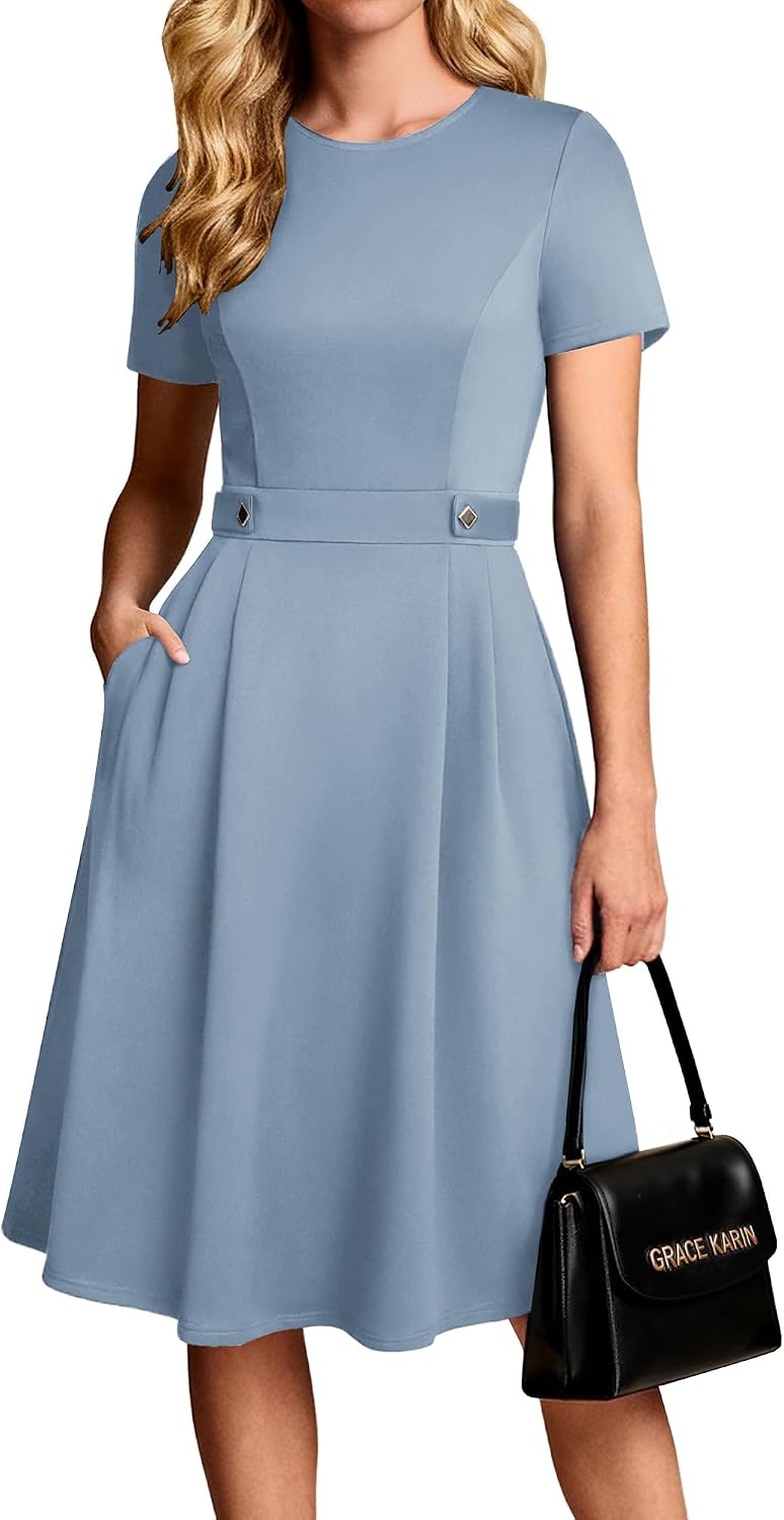 A-line midi dress with short sleeves and side pockets