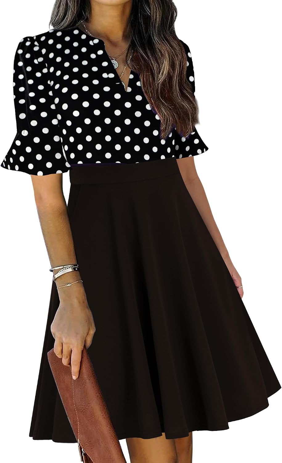 Ruffle sleeve fit-and-flare dress with V-neck and knee-length hem