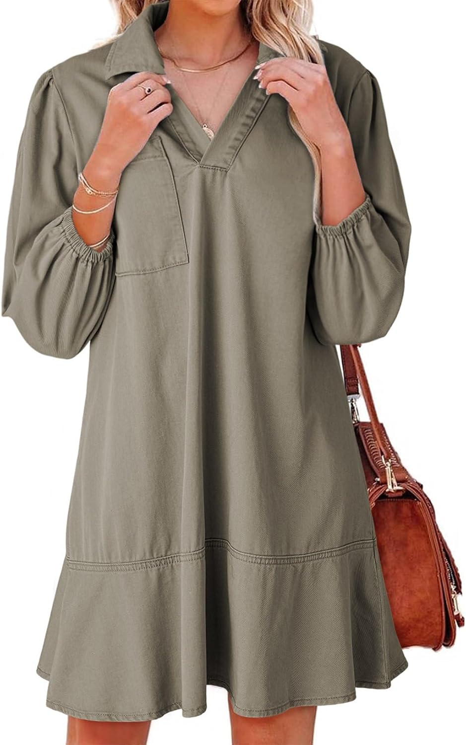 Denim babydoll dress with puff sleeves, V-neck, and mini length
