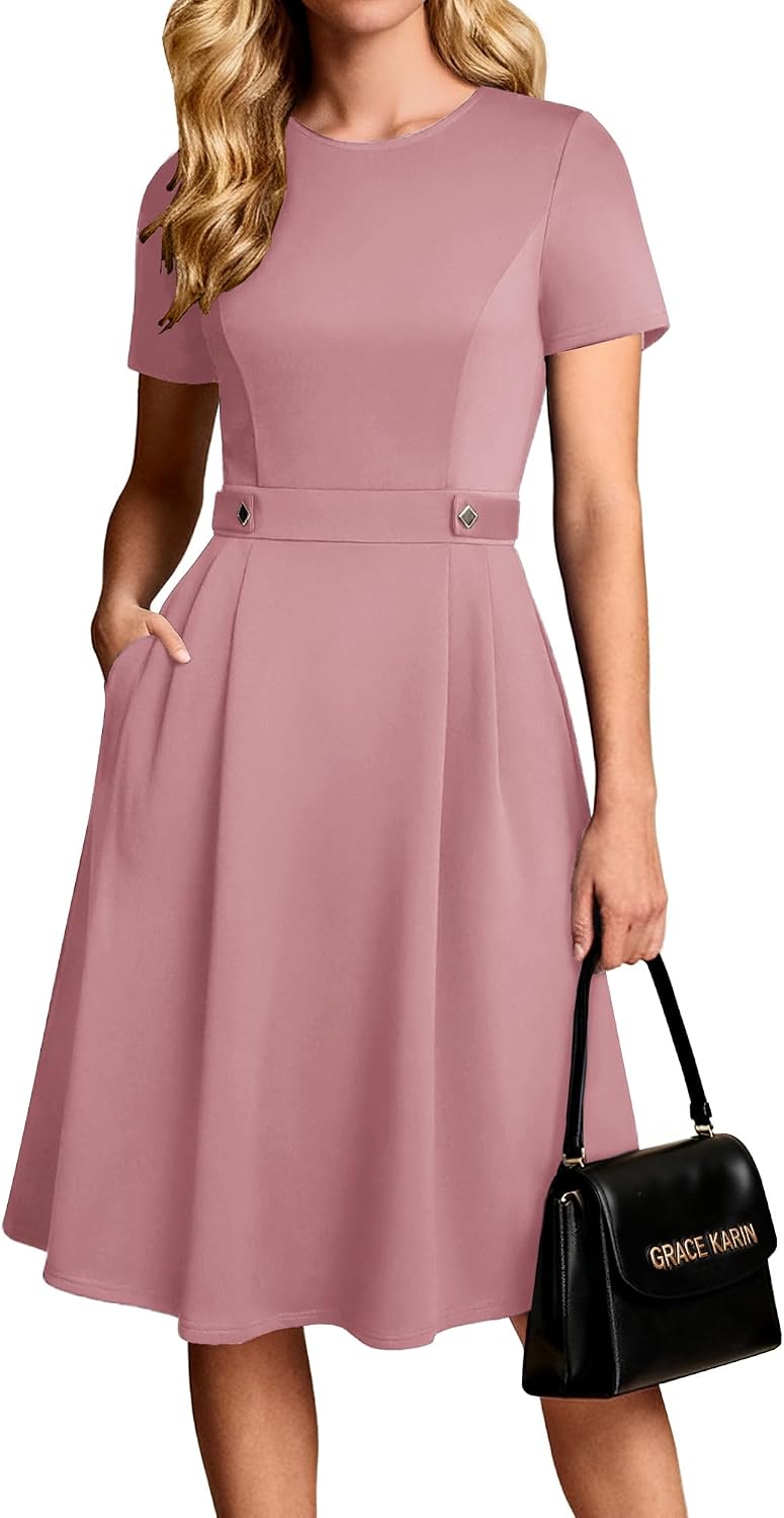 A-line midi dress with short sleeves and side pockets