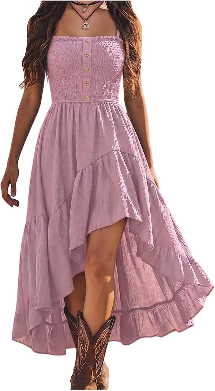 BEAUDRM Women's Western Long Dress Flowy Ruffle Boho Cowgirl Cami Dresses | Country Concert Outfit, Vacation Cowgirl Dress, High Low Hem, Vintage, Flowy, Sleeveless