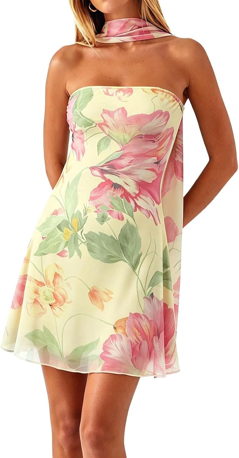 Floral strapless tube mini dress with sheer mesh scarf accent