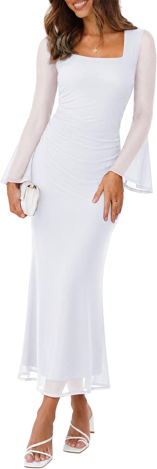 Square neck bodycon maxi dress with long mesh sleeves