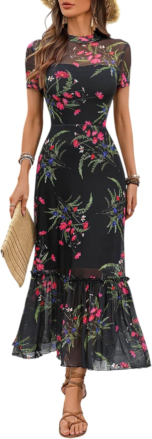 Floral mesh maxi dress with ruffle detail