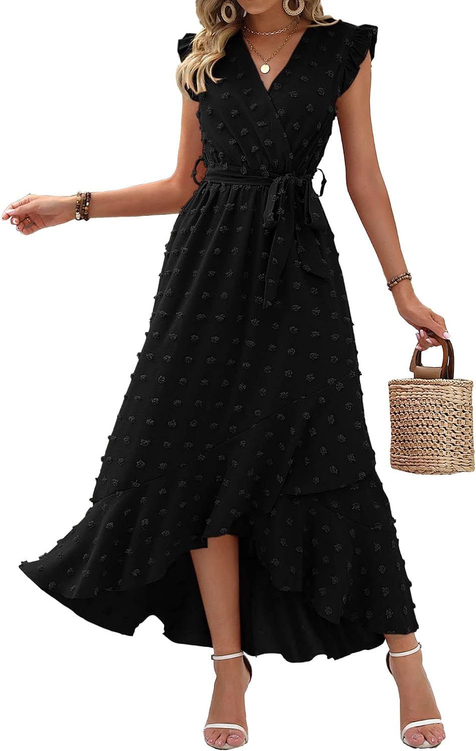 Swiss dot boho maxi dress with cap sleeves and tie waist
