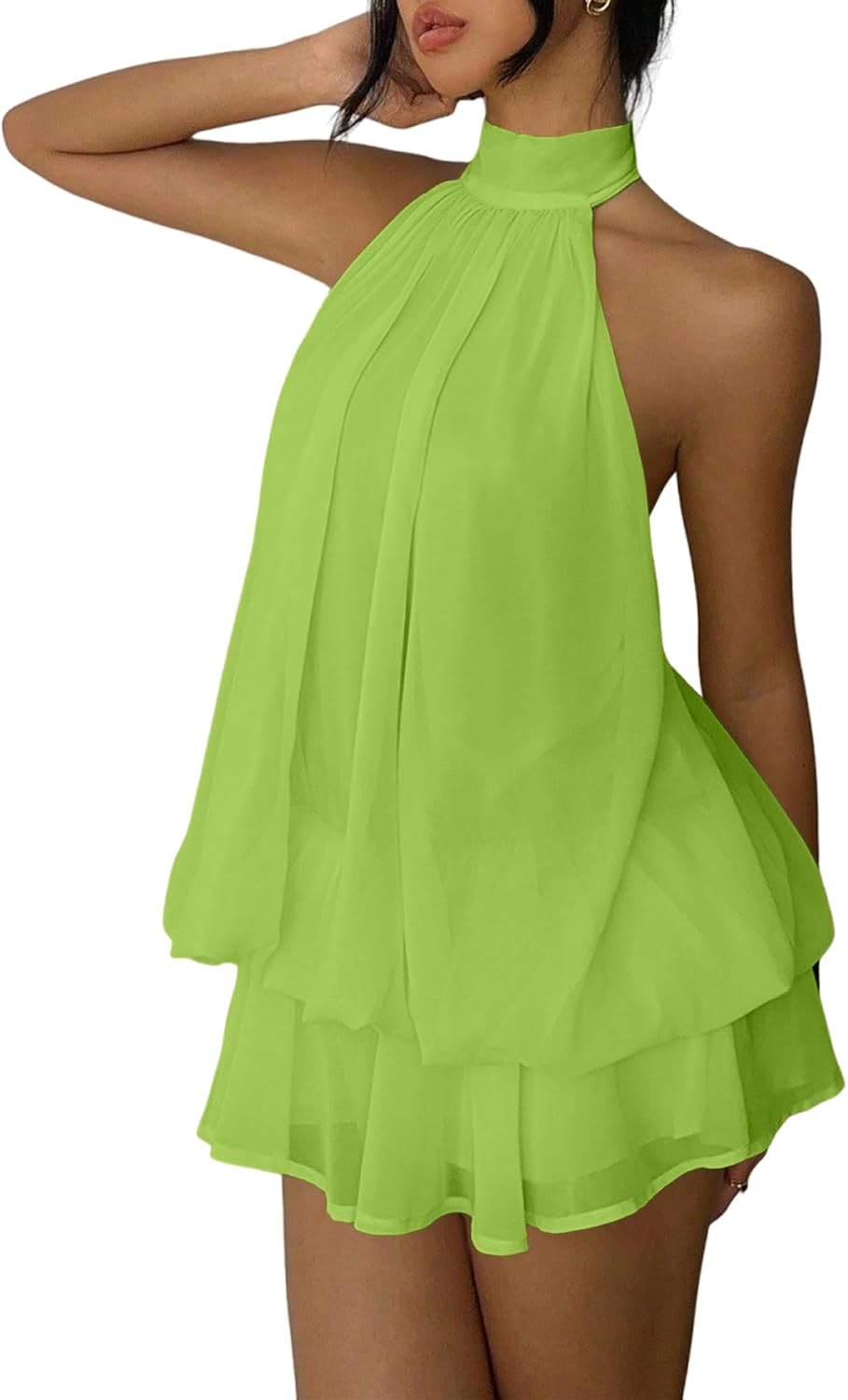 Fhykiss Women's Chiffon Halter Drop Waist Mini Dress Wedding Guest Dresses Ruffle Formal Holiday Club Brunch Outfits