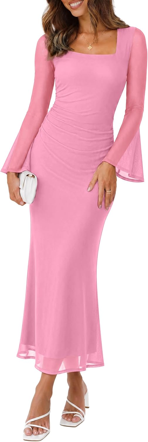 Square neck bodycon maxi dress with long mesh sleeves