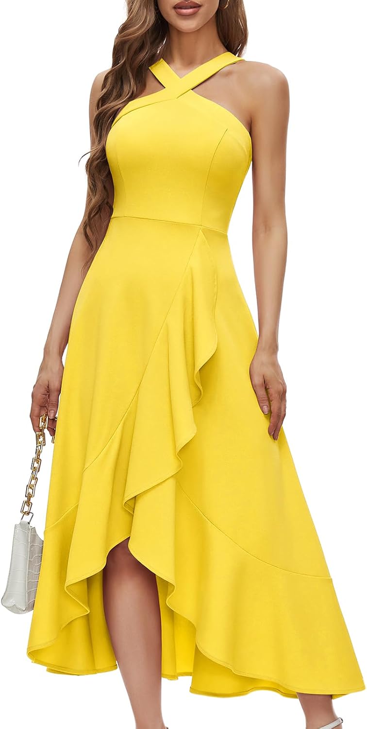 Bbonlinedress Halter Cocktail Women Formal Wedding Guest Hi-Lo Prom Dress | Maxi, Long, Ruffle, Homecoming, Evening Party Dress