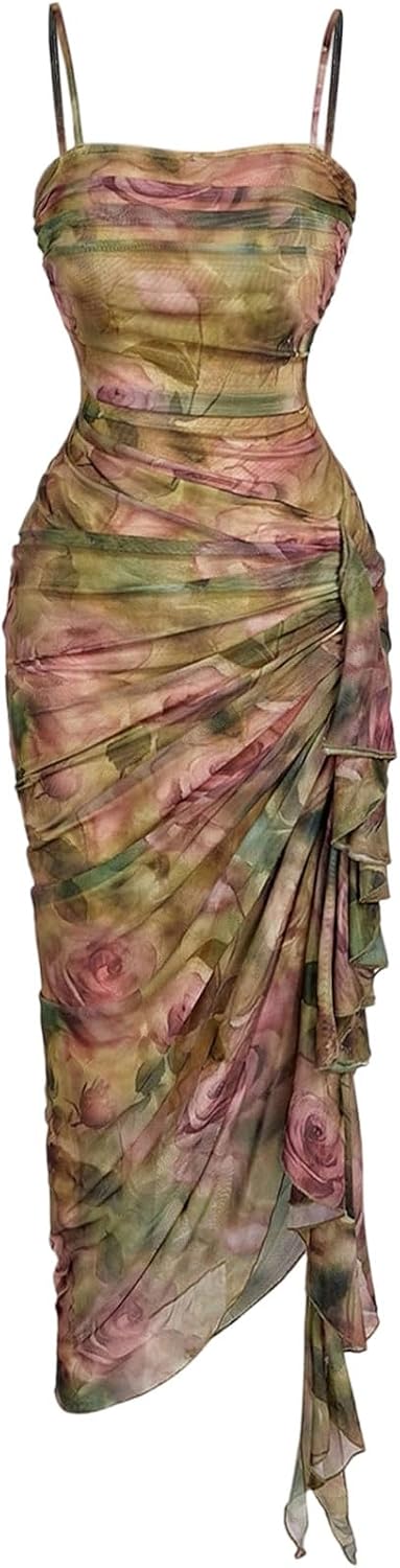 Floral mesh bodycon midi dress with high slit and ruched detailing