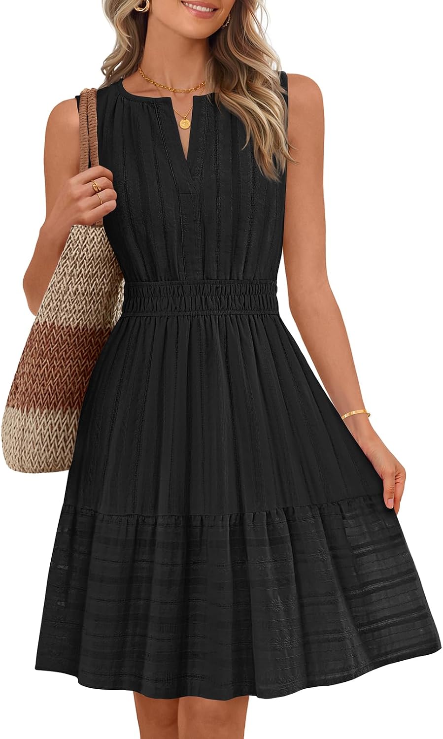 Sleeveless V-neck mini sundress with ruffle hem and elastic waist