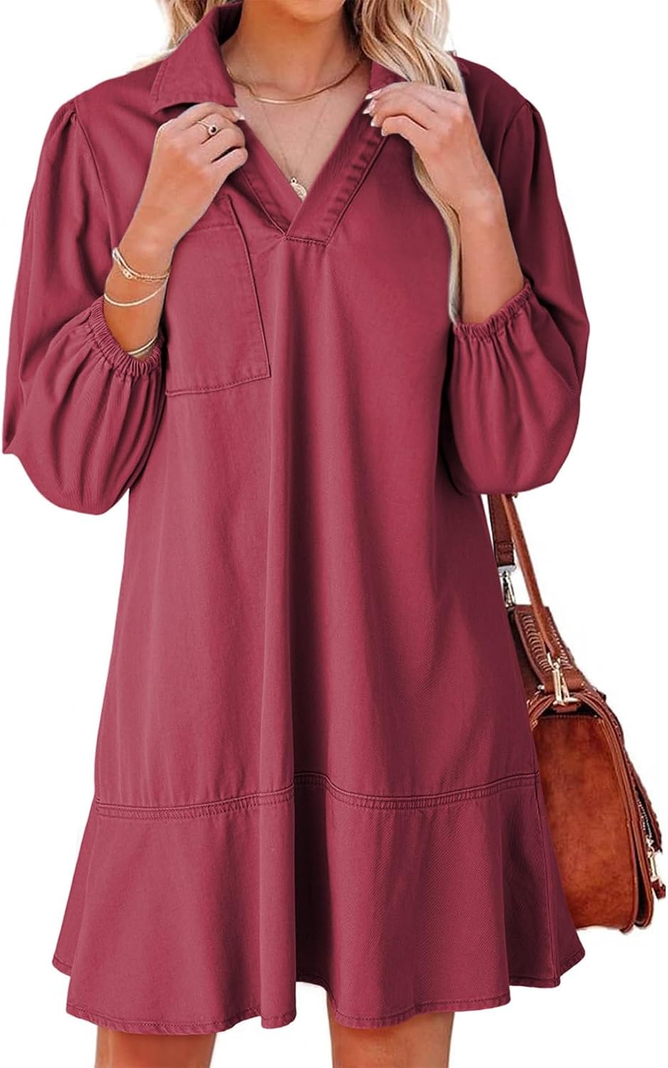 Denim babydoll dress with puff sleeves, V-neck, and mini length