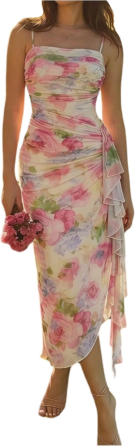Floral mesh bodycon midi dress with high slit and ruched detailing