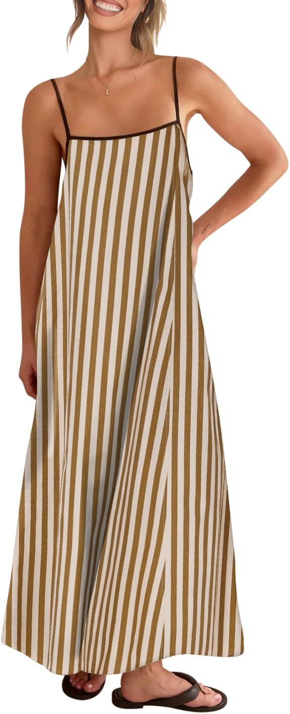 Linen-look maxi dress with spaghetti straps, side pockets, and boho styling