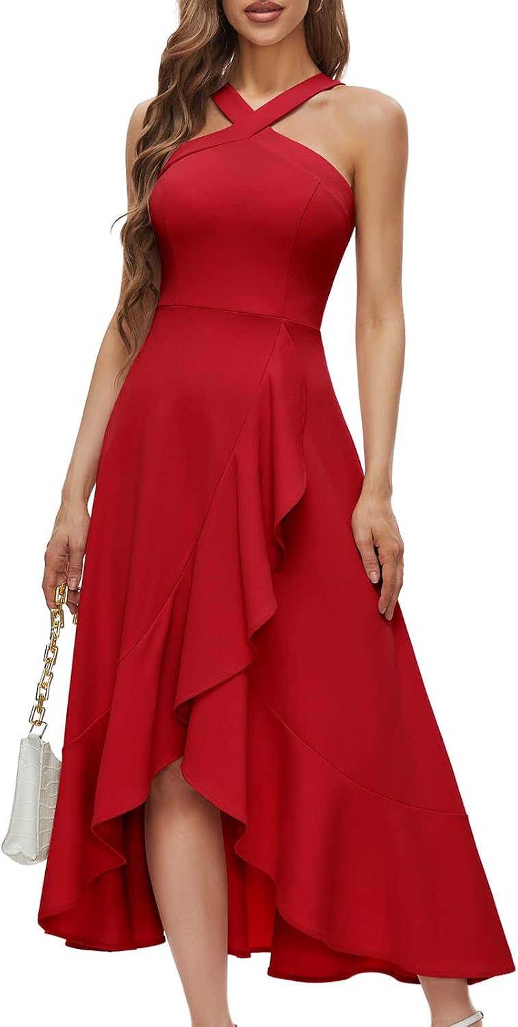 Bbonlinedress Halter Cocktail Women Formal Wedding Guest Hi-Lo Prom Dress | Maxi, Long, Ruffle, Homecoming, Evening Party Dress