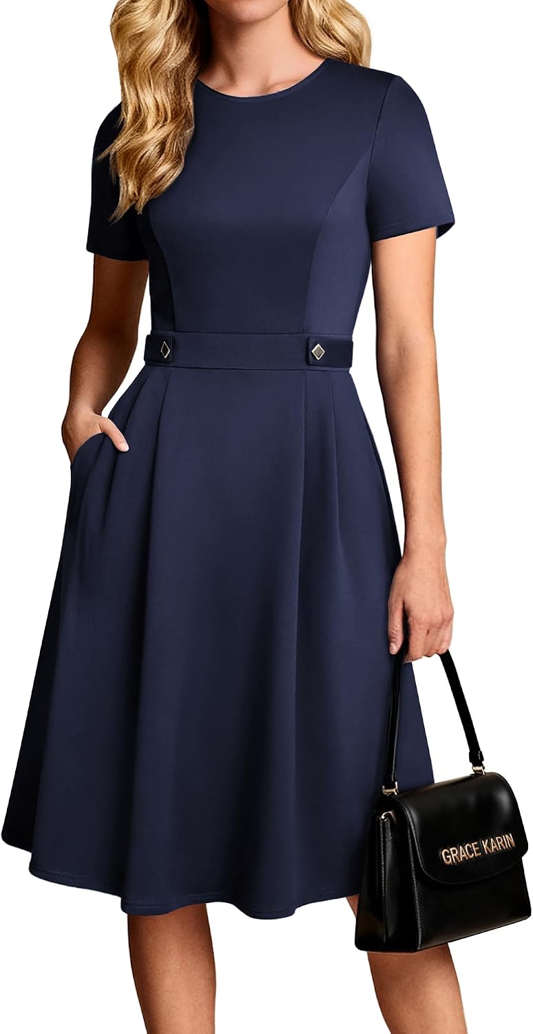 A-line midi dress with short sleeves and side pockets