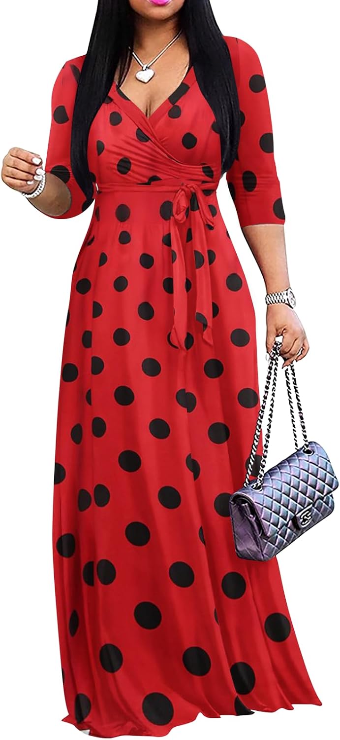 Wrap-style maxi dress with V-neck, 3/4 sleeves, and side pockets