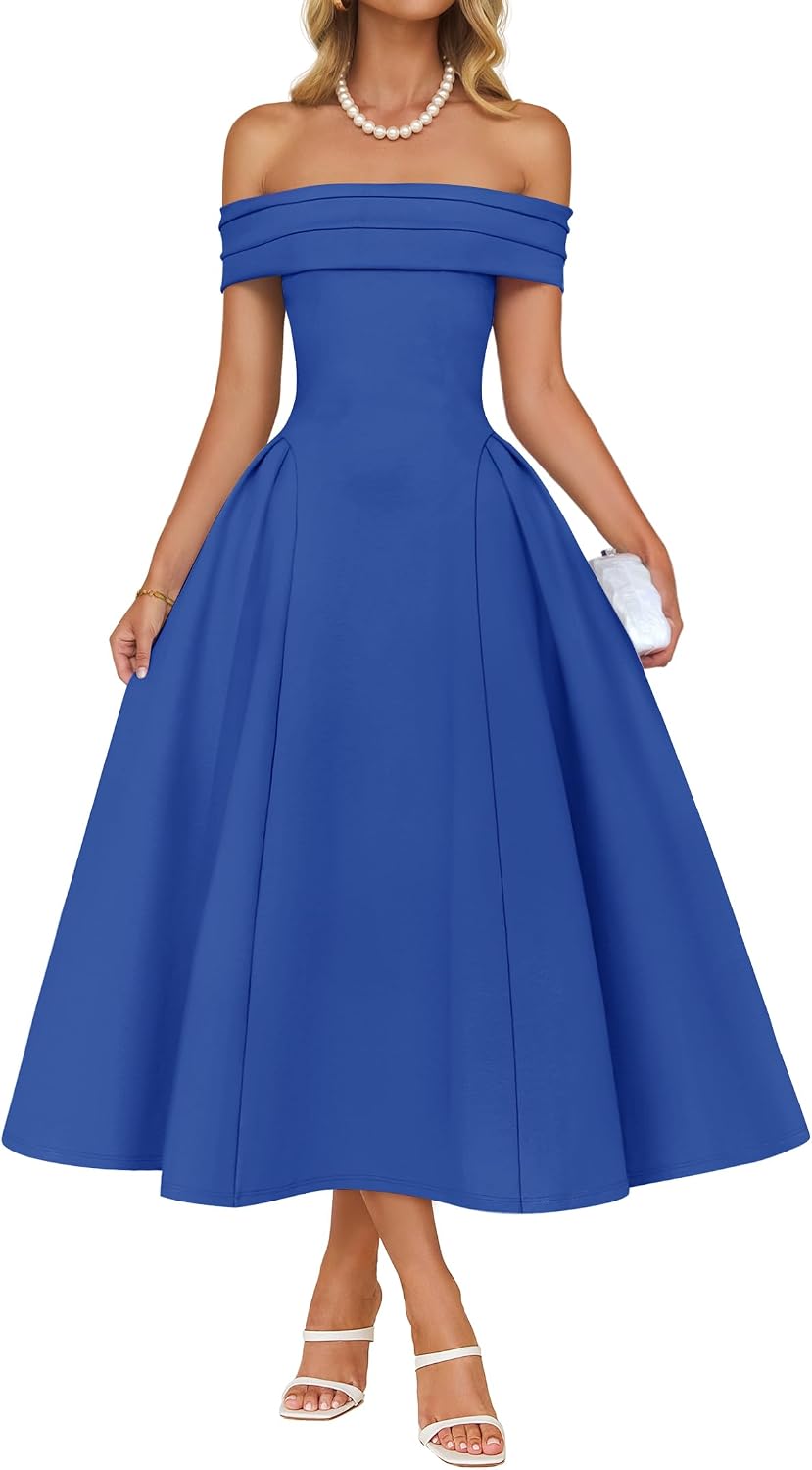 Off-shoulder cocktail dress with flowy A-line skirt and high waist