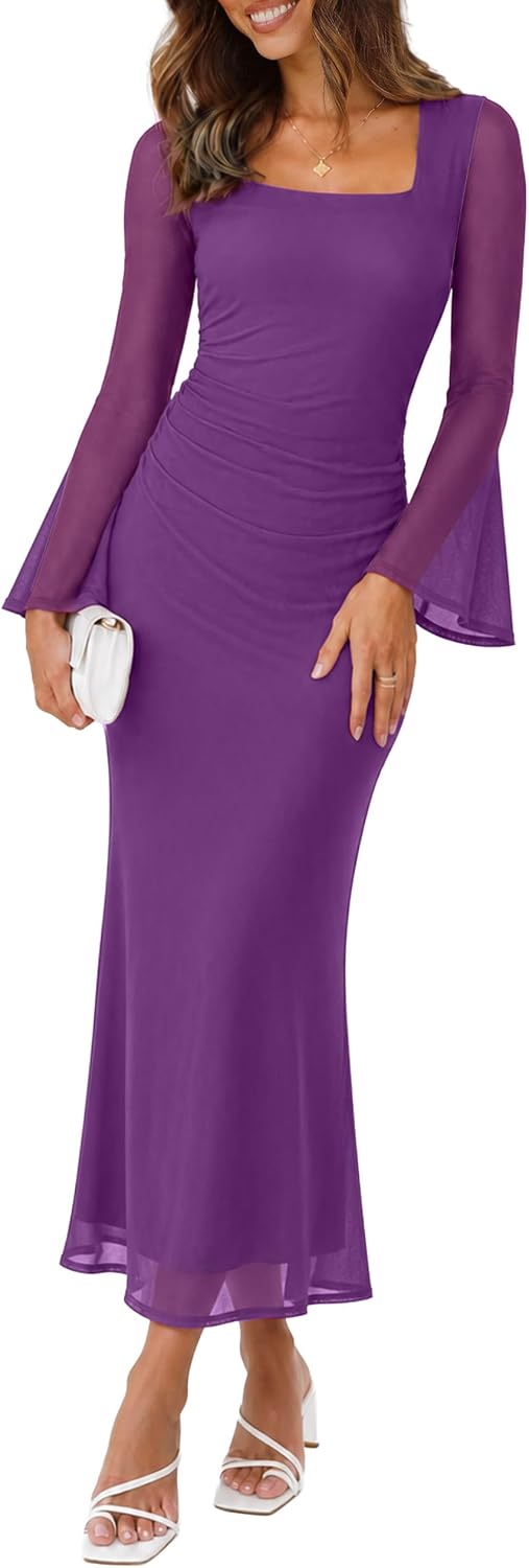 Square neck bodycon maxi dress with long mesh sleeves