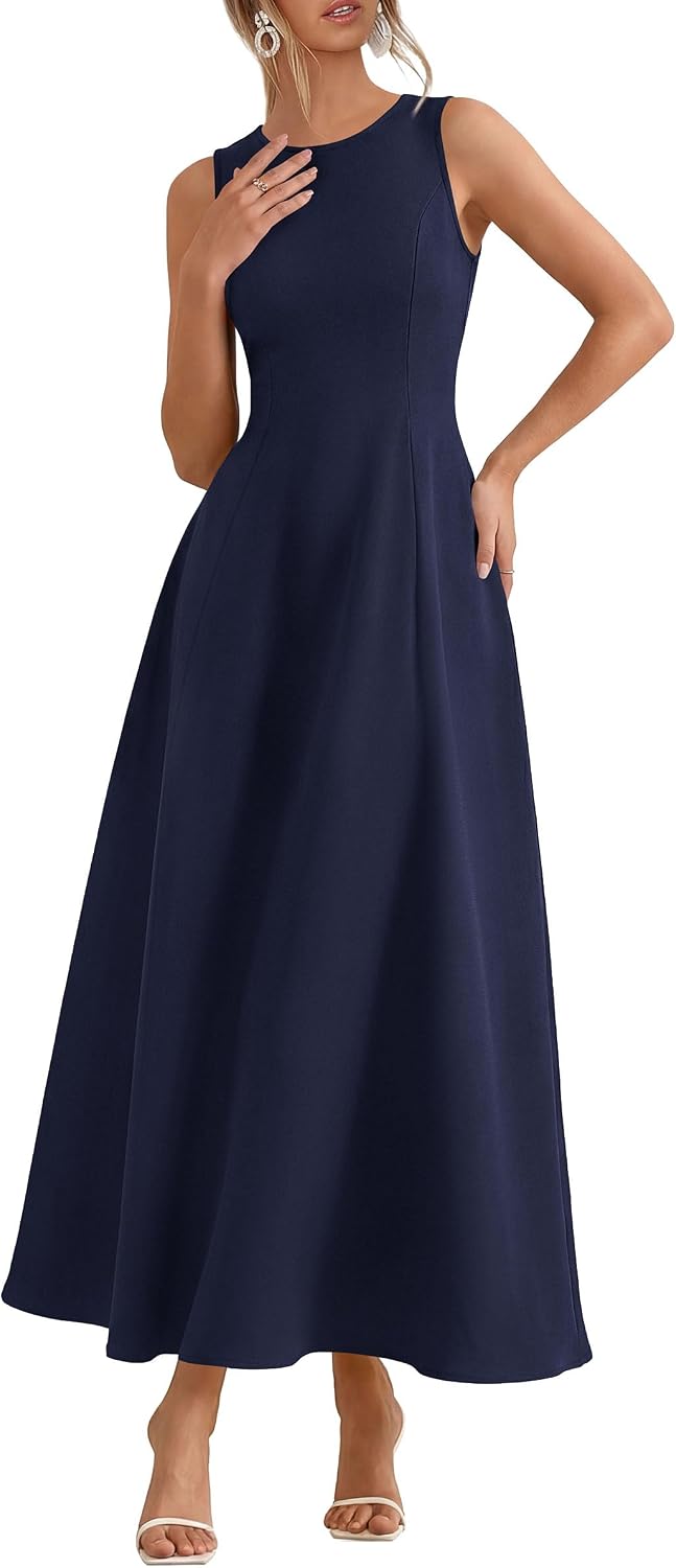 Sleeveless maxi tank dress with flared A-line skirt and pockets