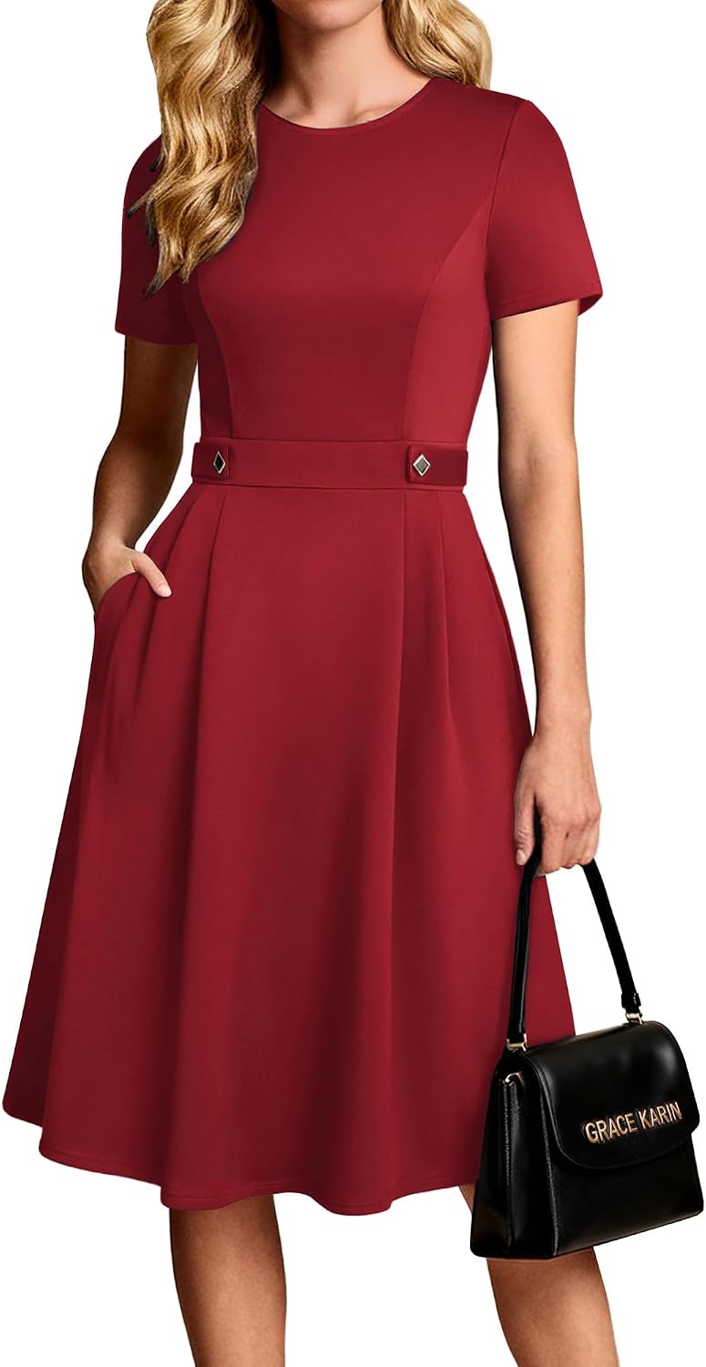 A-line midi dress with short sleeves and side pockets
