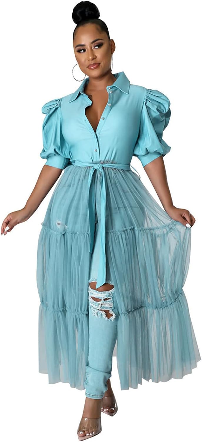 Ruffle tunic dress with belt and asymmetrical hem