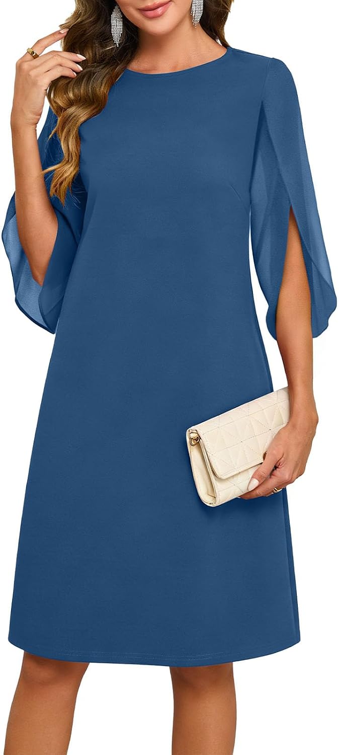 Chiffon midi dress with flutter sleeves and crew neckline