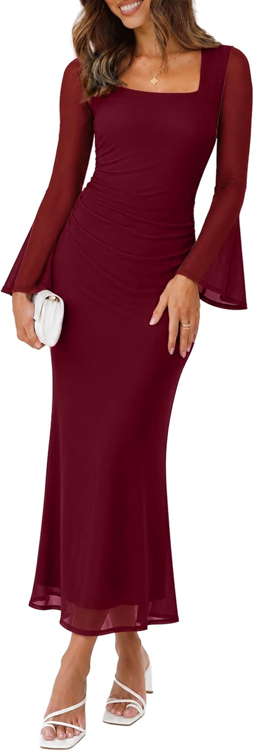 Square neck bodycon maxi dress with long mesh sleeves