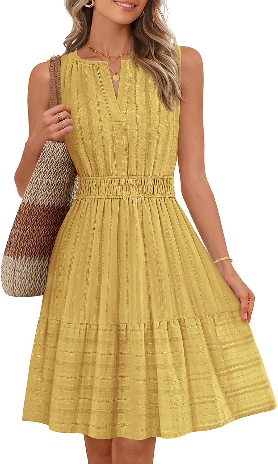 Sleeveless V-neck mini sundress with ruffle hem and elastic waist