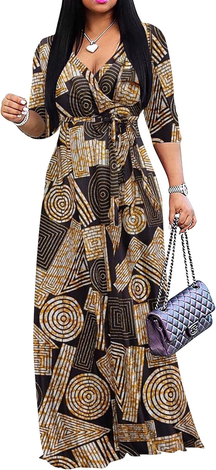 Wrap-style maxi dress with V-neck, 3/4 sleeves, and side pockets