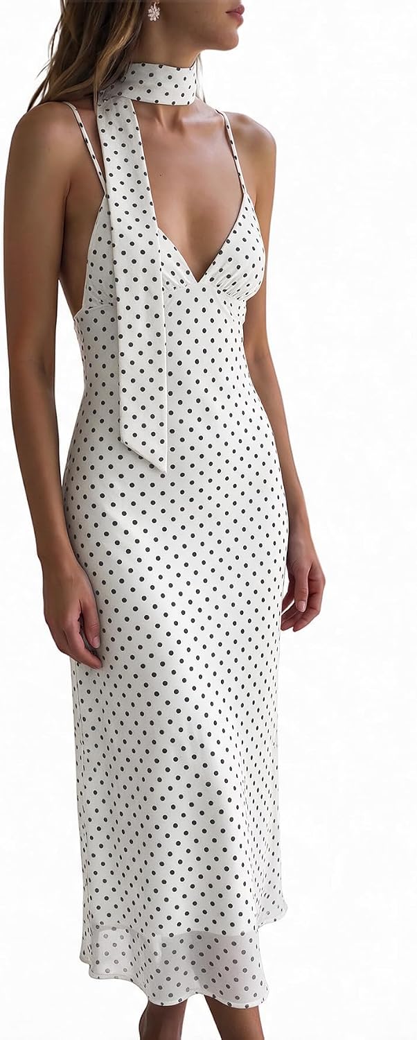 Polka dot backless maxi dress with v-neck and spaghetti straps