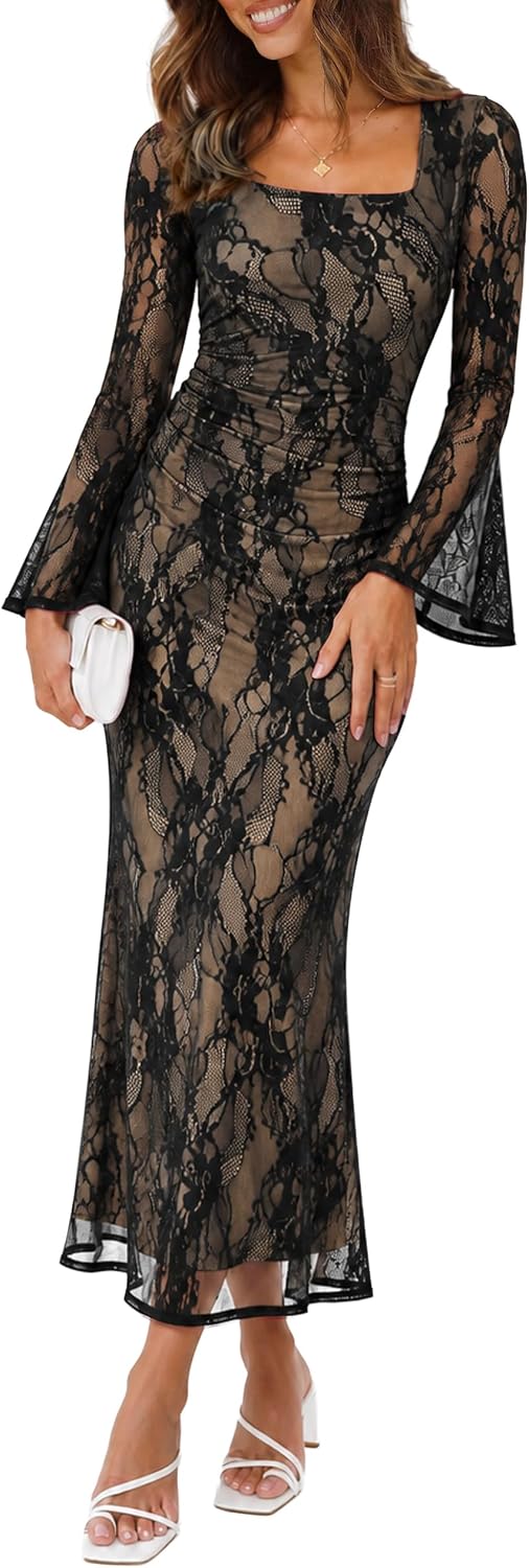 Square neck bodycon maxi dress with long mesh sleeves