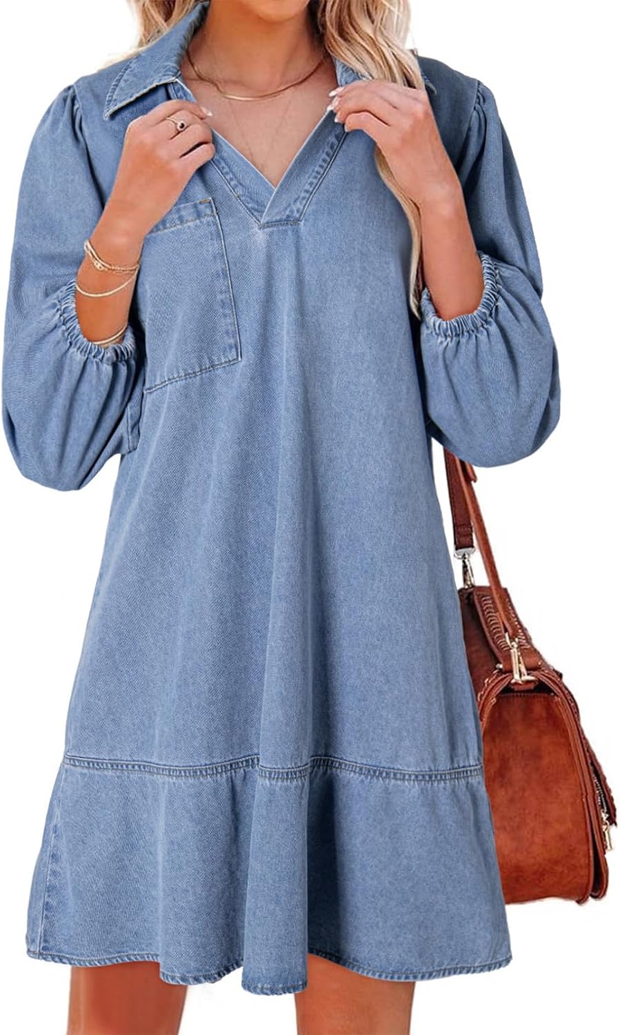 Denim babydoll dress with puff sleeves, V-neck, and mini length