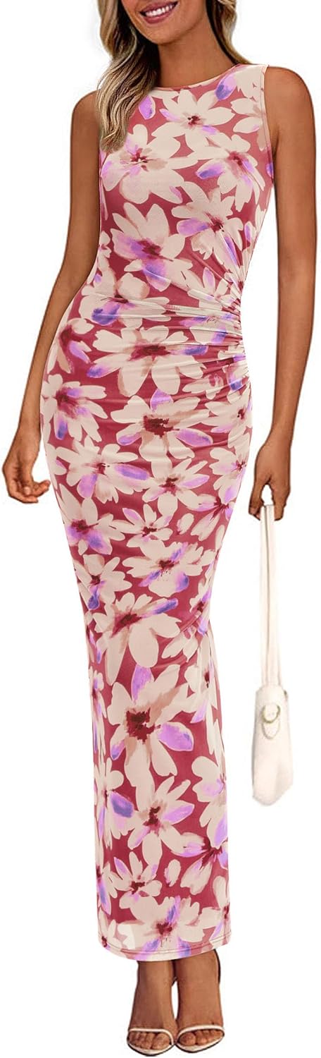 Floral mesh maxi dress with sleeveless design and ruched bodycon detailing