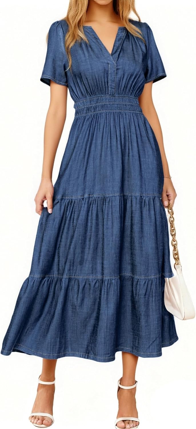 Casual denim maxi dress with V-neck, short sleeves, and side pockets