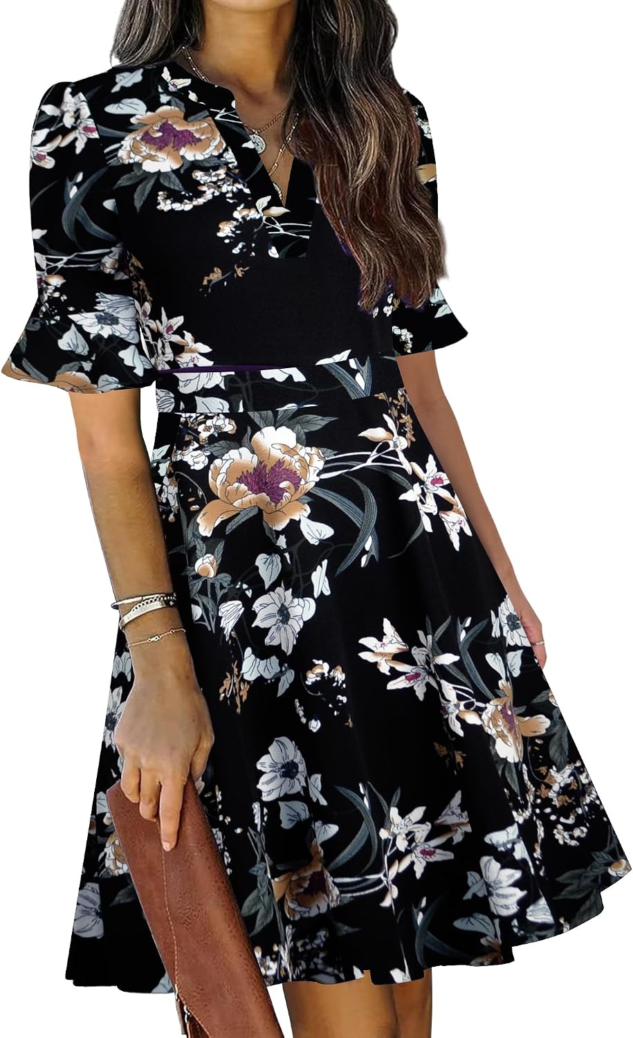 Ruffle sleeve fit-and-flare dress with V-neck and knee-length hem