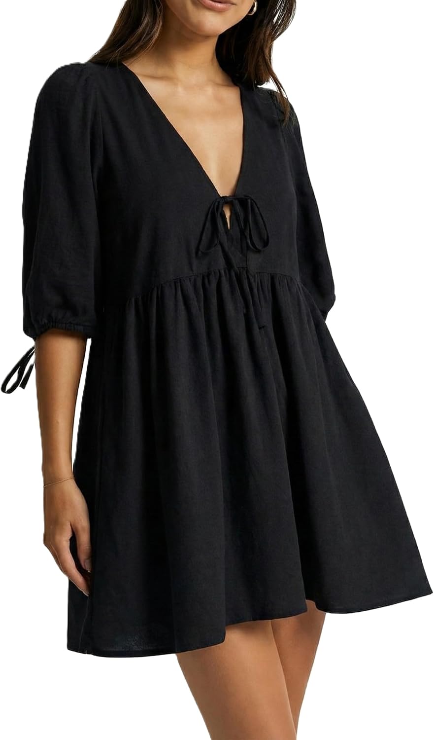 Striped babydoll dress with puff sleeves