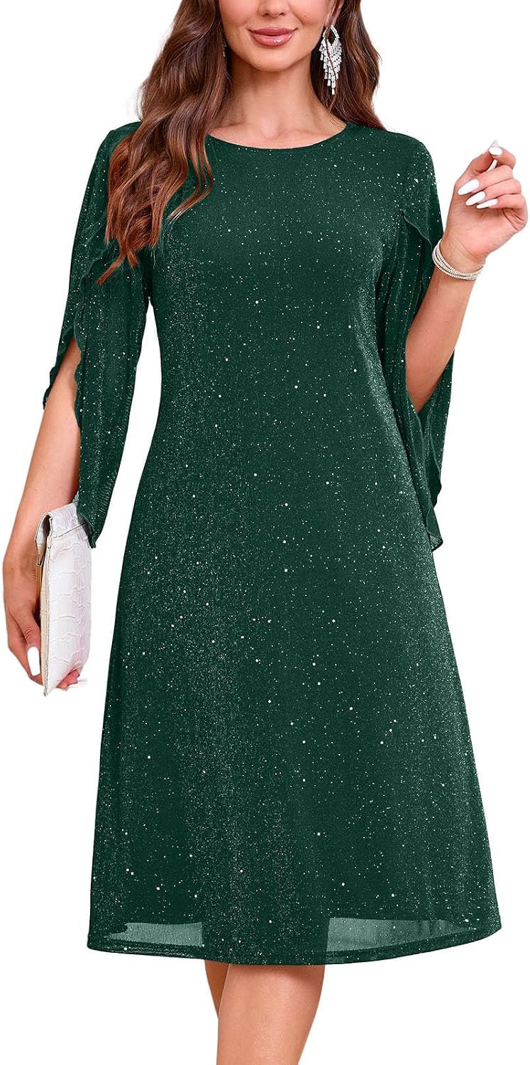 Chiffon midi dress with flutter sleeves and crew neckline