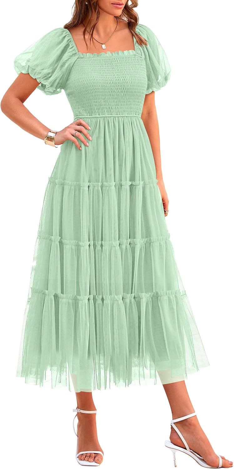 Color detail view of tulle midi dress
