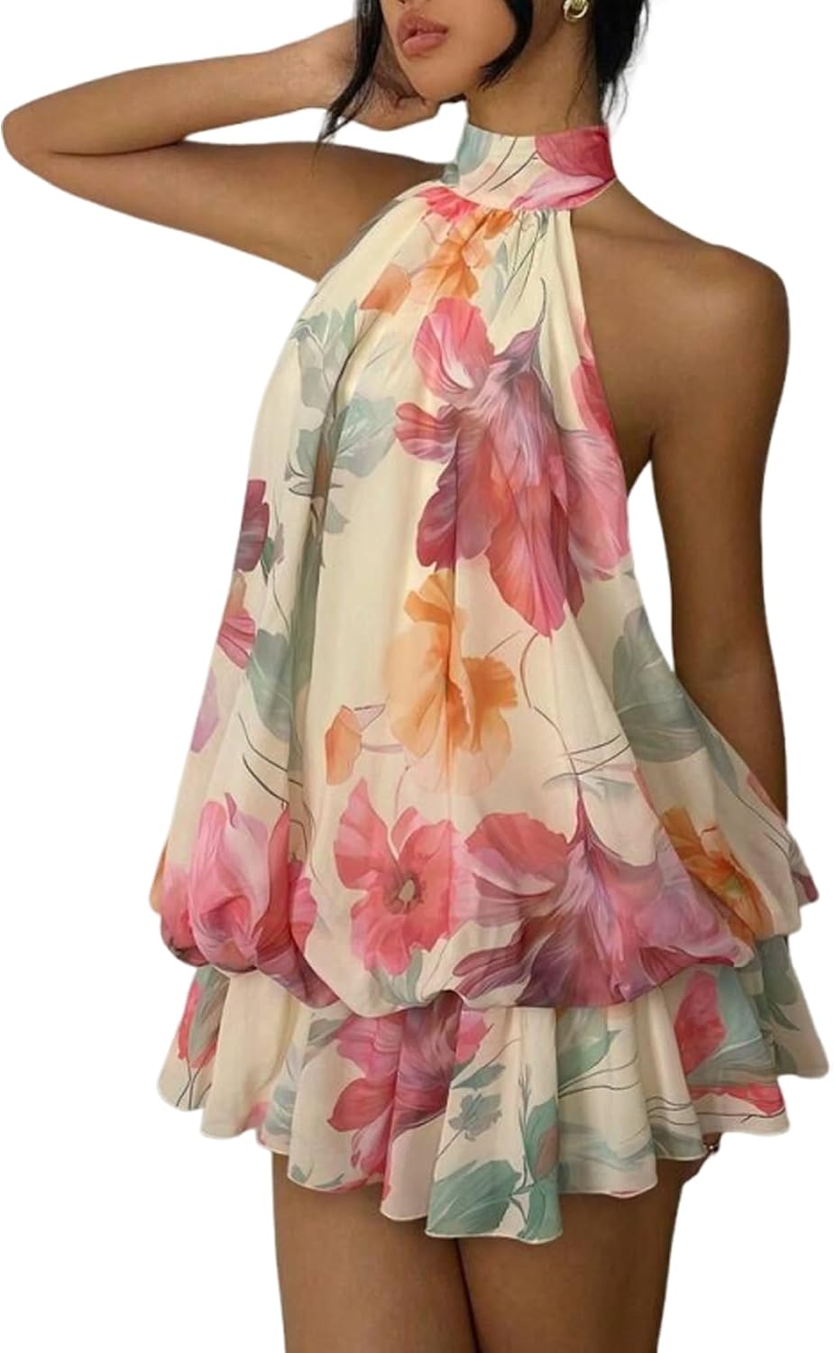 Fhykiss Women's Chiffon Halter Drop Waist Mini Dress Wedding Guest Dresses Ruffle Formal Holiday Club Brunch Outfits