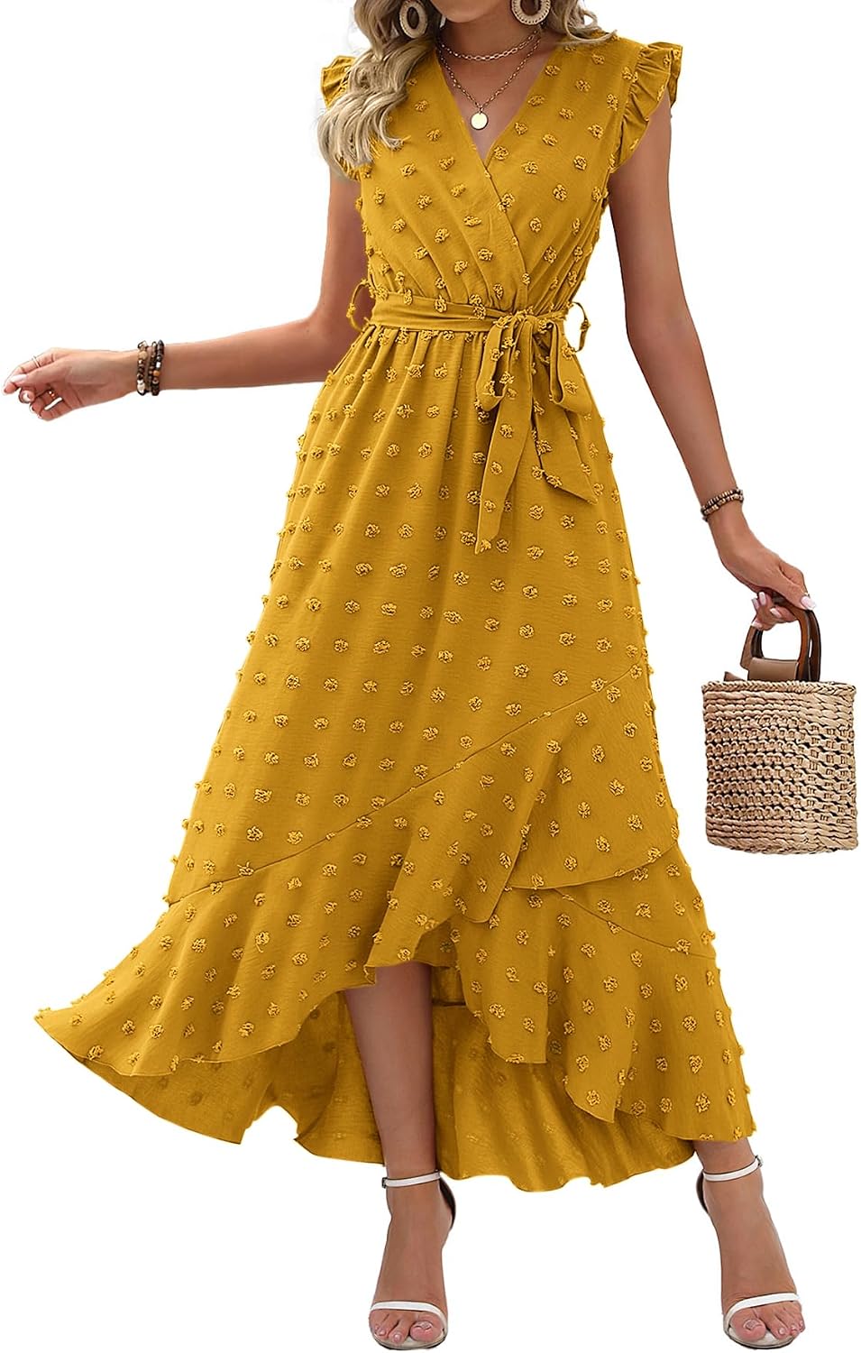 Swiss dot boho maxi dress with cap sleeves and tie waist