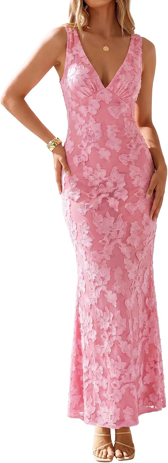 Floral v-neck bodycon maxi dress with mesh detail