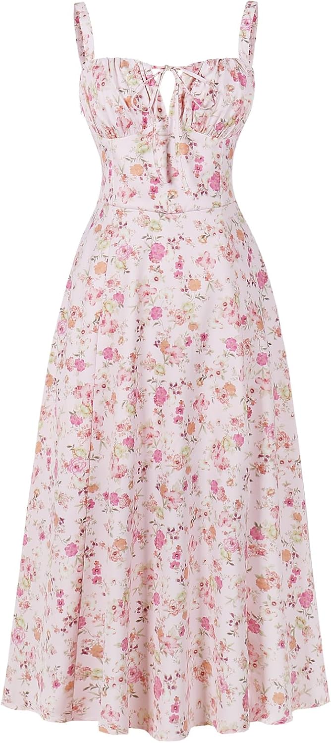 ABEHIK Women Floral Corset Dress Summer Dress 2026 Boho Flowy Slit Lace Up Midi Dresses Going Out A Line Casual Sundress