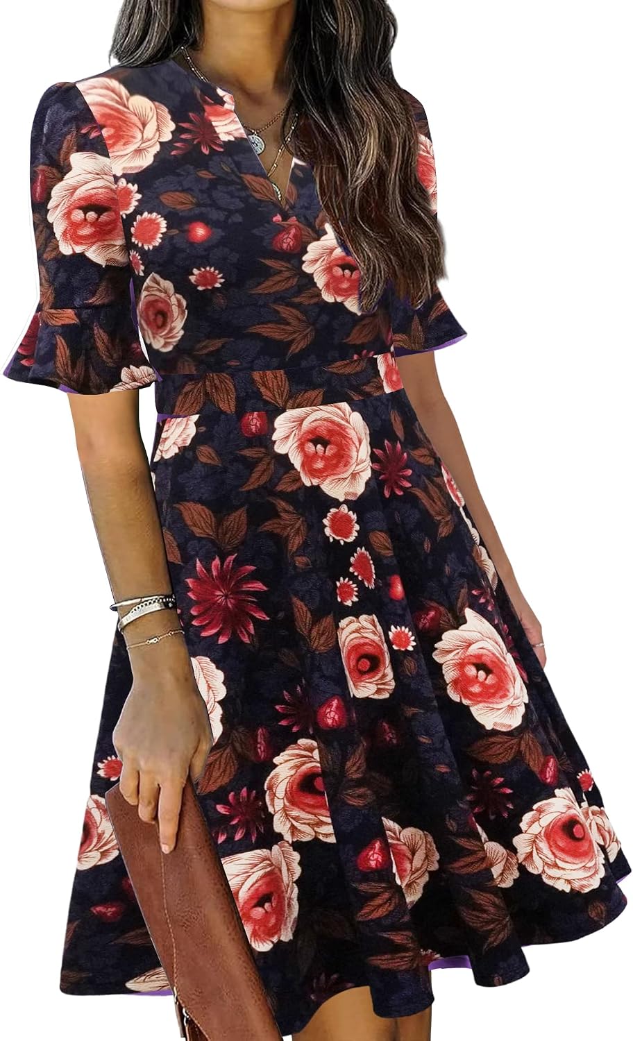 Ruffle sleeve fit-and-flare dress with V-neck and knee-length hem
